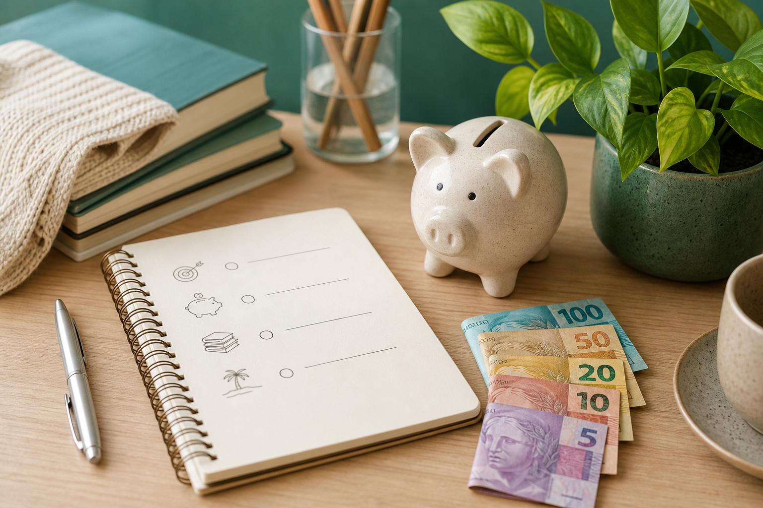 Caderno de metas e cofrinho em mesa iluminada — guardar dinheiro