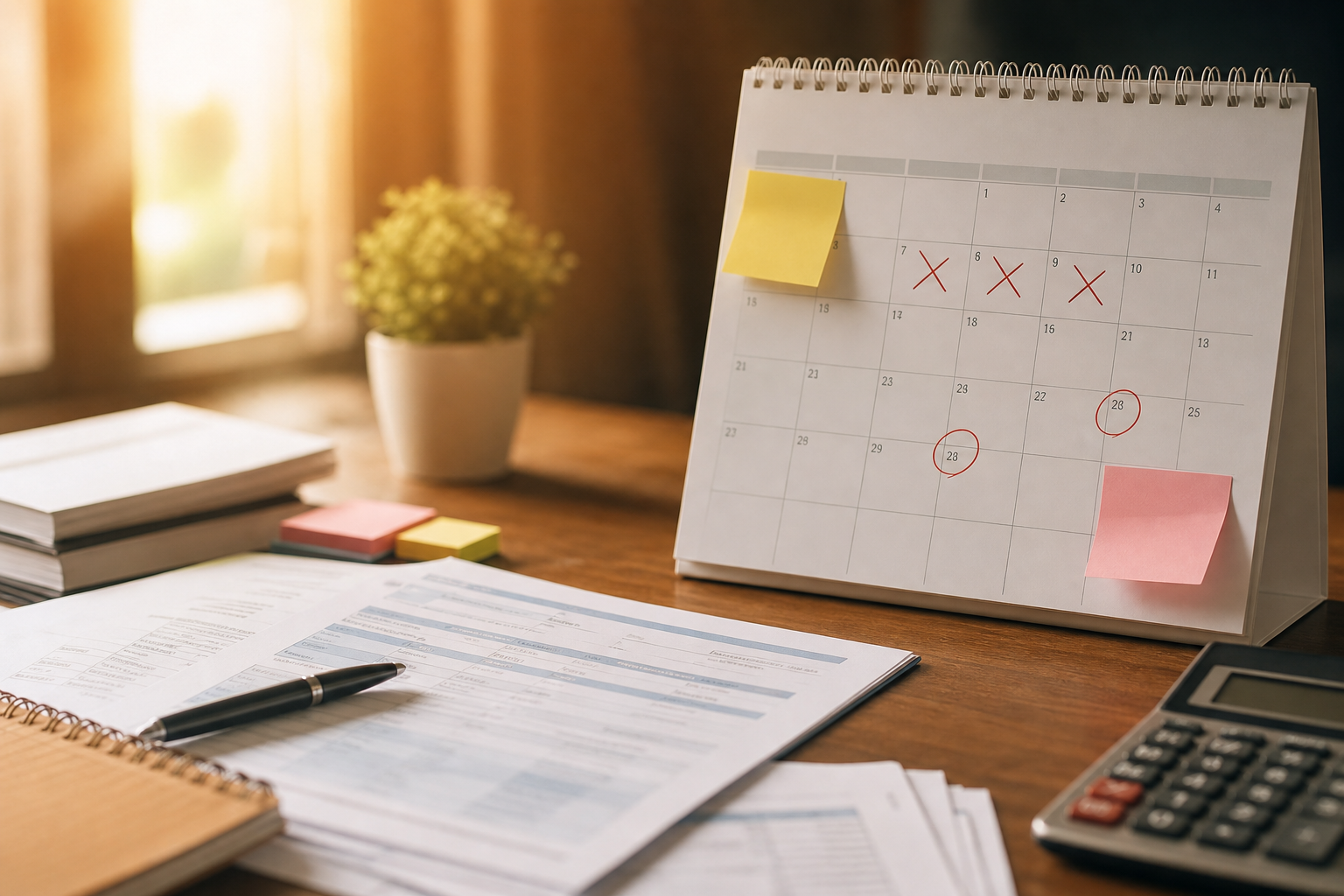 Calendário com parcelas e anotações de atraso — financiamento