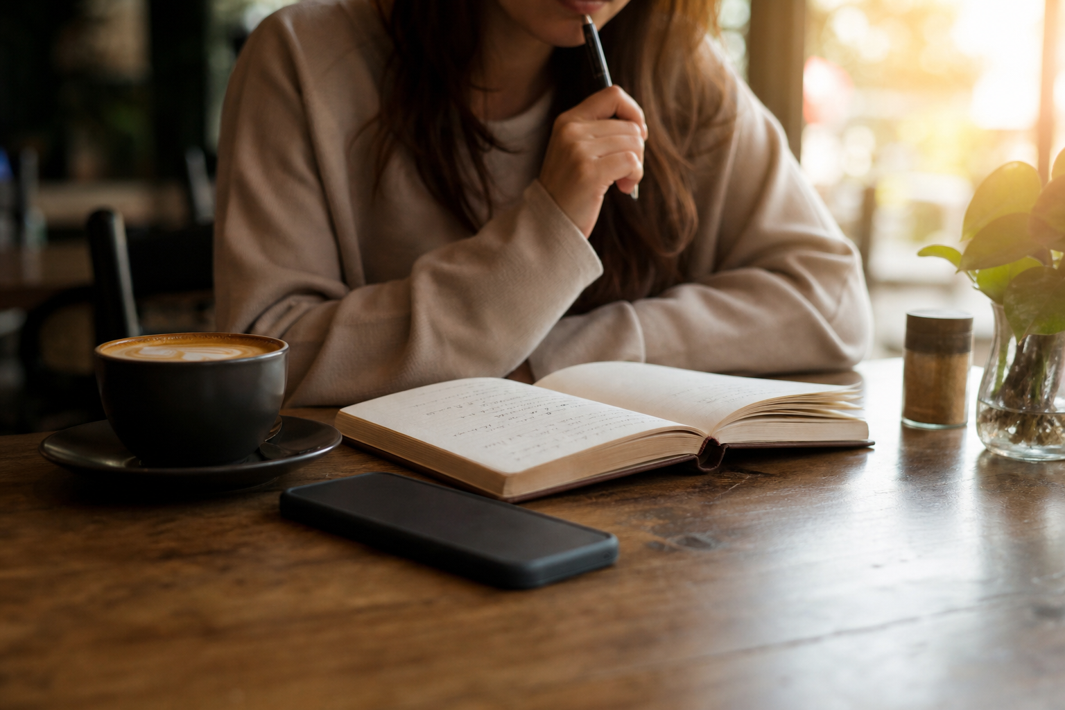 Café e celular com app de gastos — psicologia do dinheiro